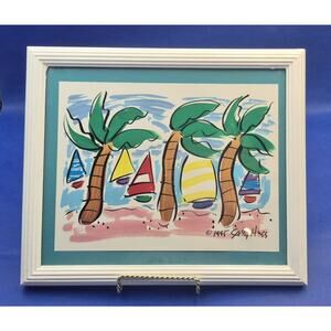 Sally Huss Painting Palm Trees Sailboats 1995 Signed Matted Framed 12x10.5"
